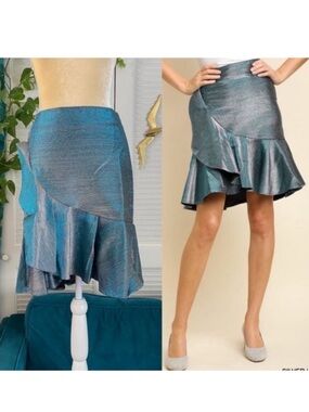 Umgee All That Sparkles High Waist Metallic Lurex Ruffled Skirt Blue Silver New